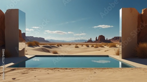 Desert Illusion 3D Render of Abstract Landscape with Reflective Mirrors and Blue Sky