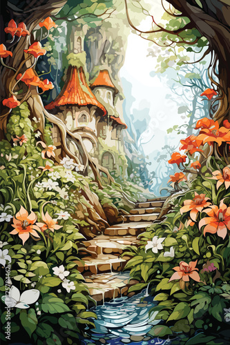 A fairy-tale forest with fairies and elves