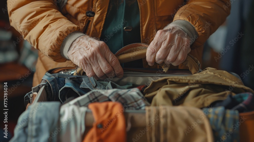 Fototapeta premium Elderly travelers focused on packing their suitcases, a detailed view of hands selecting clothes for their upcoming outdoor adventure