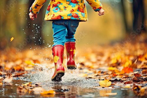 Young Child in Yellow Rain Boots Splashing Through Autumn Leaves on a Sunny Day
