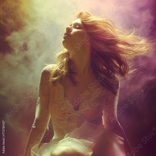 An evocative image capturing a woman with flowing hair bathed in soft light, ideal for themes of beauty, dreaming, and fantasy.