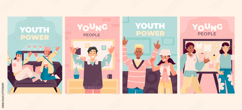 Young people hand drawn cartoon card set