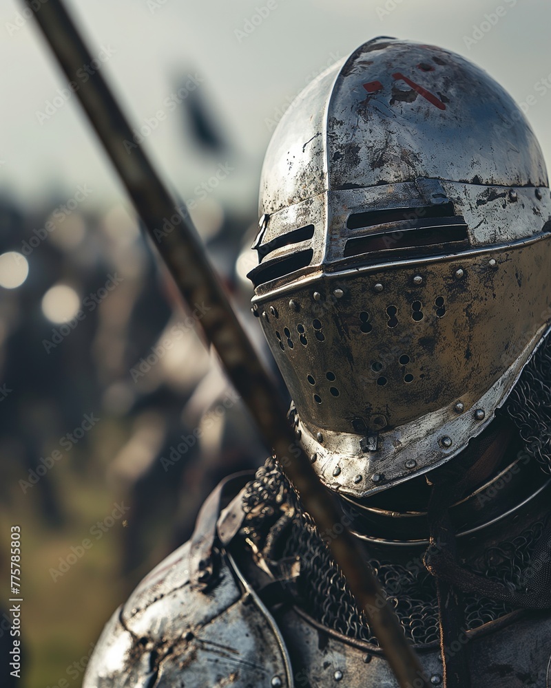 Fototapeta premium Close-up of a medieval knight's helmeted face, eyes alight with battle's fire, ideal for historical storytelling