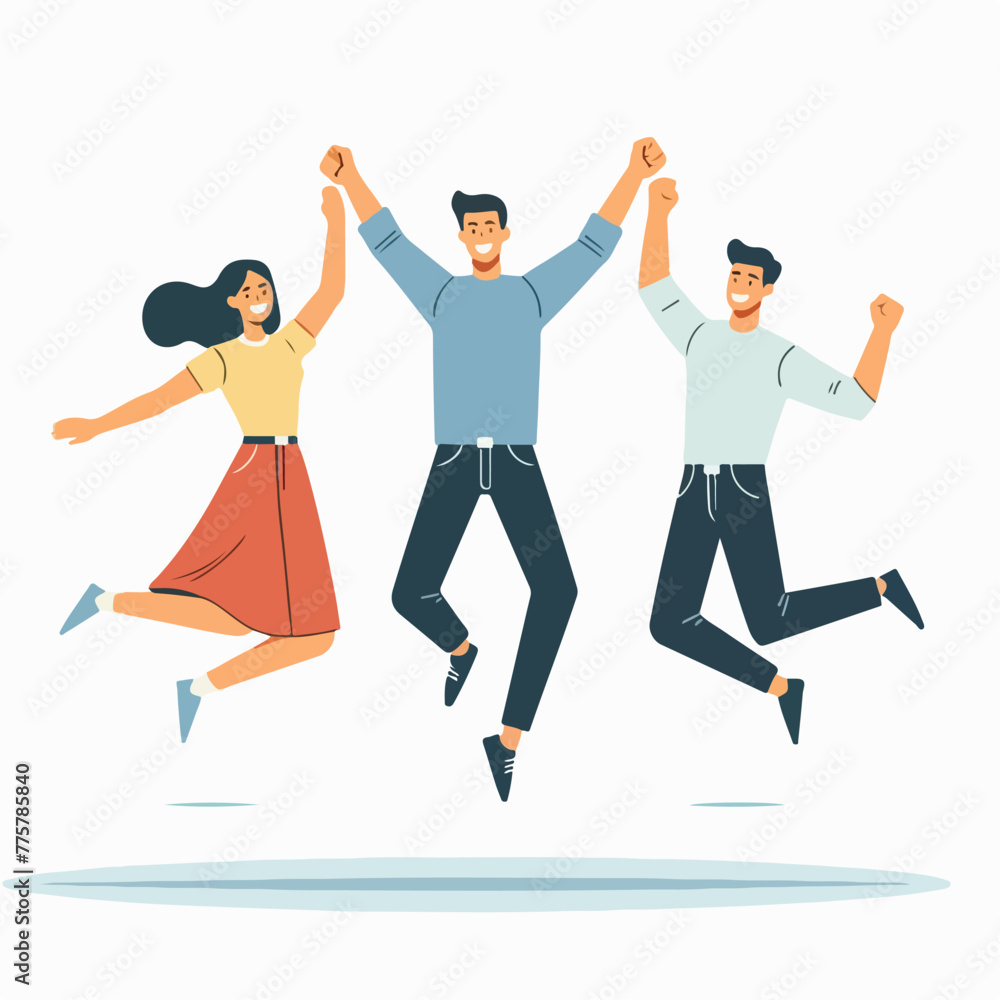 cartoon of excited young teammates jumping for joy in flat design style