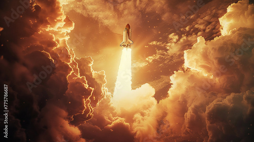 Shuttle launch into the cosmos, piercing through clouds, on a voyage to uncharted planets,