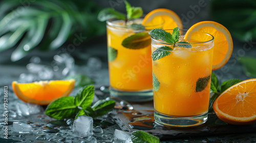 Refreshing orange cocktails with mint garnish and ice on a dark background with tropical leaves.