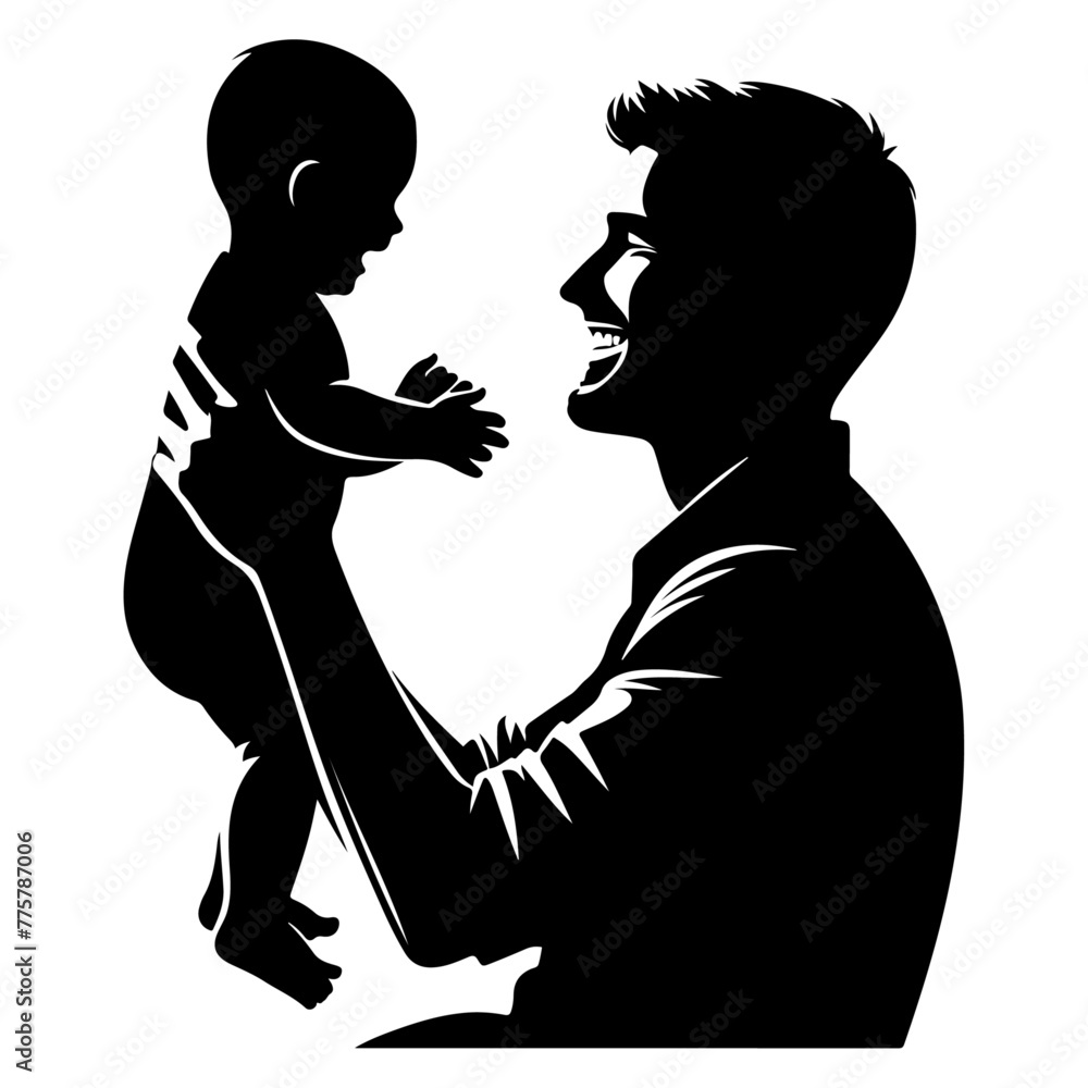 A Happy Smiling Father plays with a small baby, smiles at the child, the babe smiles in response vector black color silhouette 27
