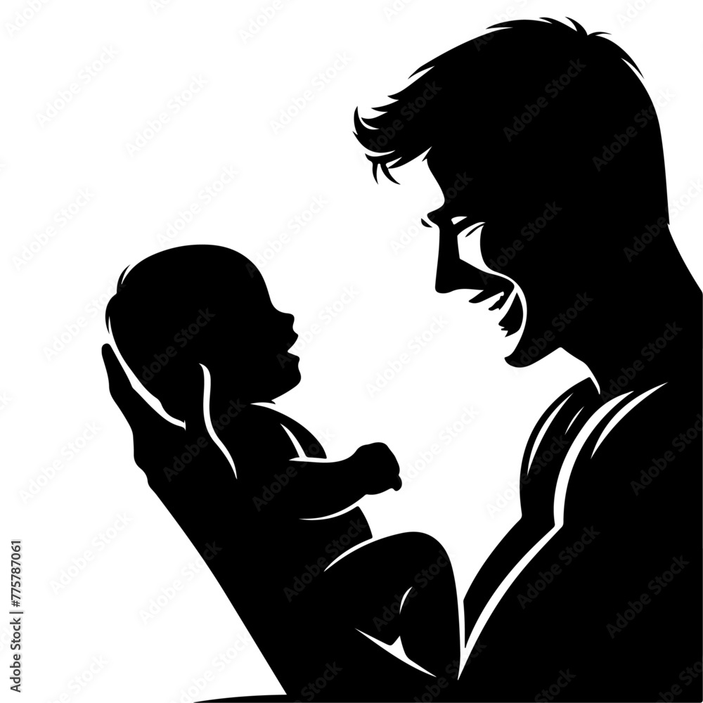 A Happy Smiling Father plays with a small baby, smiles at the child, the babe smiles in response vector black color silhouette
