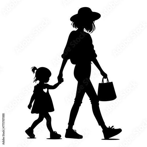 Obraz na płótnie A sweet cute mommy with a small girl, wear casual outfits, walking holding arms isolated vector black color silhouette 10 w salonie