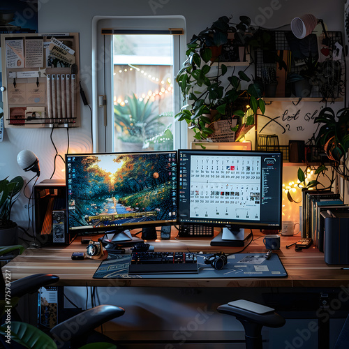 Cozy Home Office Corner with Dual Screens and Plant Decor at Dusk