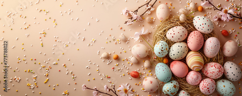 Easter eggs with sweets and flowers on beige background, happy easter on spring concept