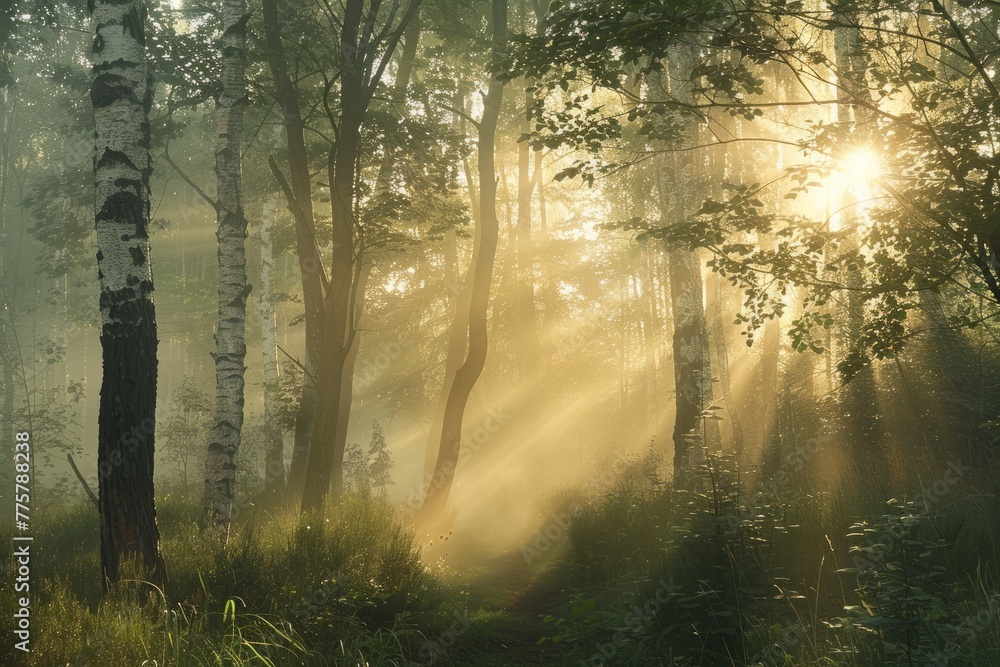 Misty Autumn Dawn, Sunbeams Peering Through Forest Trees