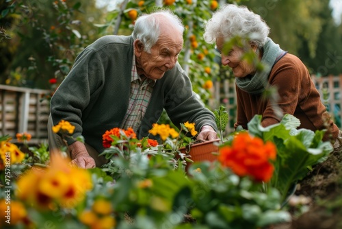 Senior Pair Planting Flowers, Sharing Moments in Garden