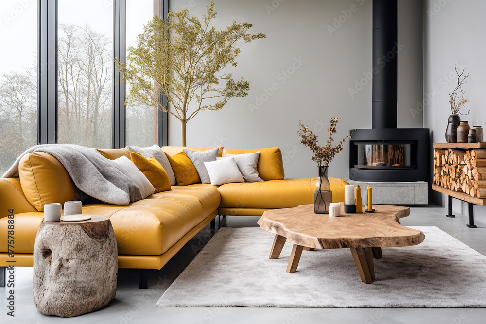 Fototapeta premium Minimalist interior design of modern living room, home with yellow sofa and fireplace.