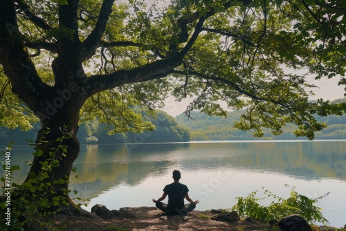 Serenity by the Lake: Meditative Pose in Natural Surroundings