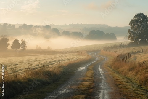 Quiet Country Road at Dawn with Mist