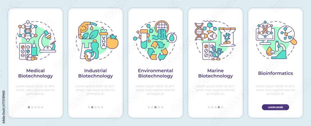 Types of biotechnology onboarding mobile app screen. Walkthrough 5 steps editable graphic instructions with linear concepts. UI, UX, GUI template. Montserrat SemiBold, Regular fonts used