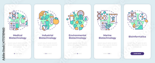 Types of biotechnology onboarding mobile app screen. Walkthrough 5 steps editable graphic instructions with linear concepts. UI, UX, GUI template. Montserrat SemiBold, Regular fonts used