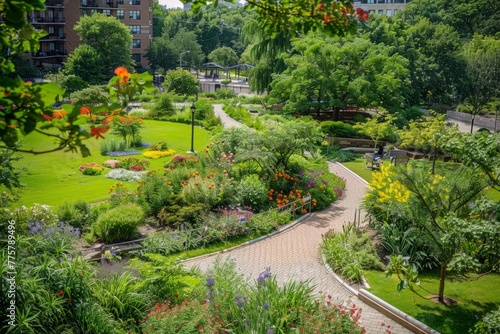 City Park Serenity with Colorful Florals and Green Trees