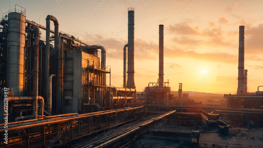 Large oil refinery with many pipes and chimneys sits in a rural area at sunset. The sky is ablaze with orange and red hues. Large oil refinery with many pipes and chimneys sits in a rural area at sunset. The sky is ablaze with orange and red hues.