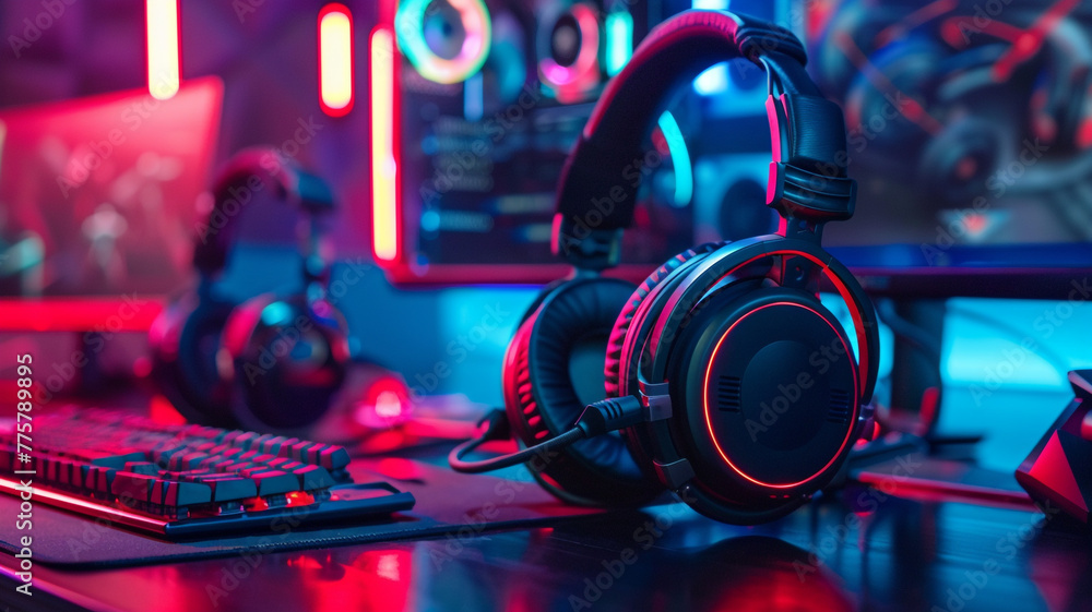 Fototapeta premium Gaming Headphones in a neon color background. A close-up view of a modern headset. Concept of video game and entertainment. Generative AI