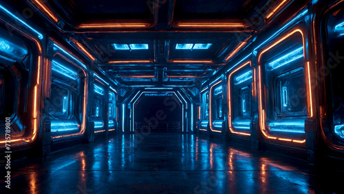 Futuristic corridor with neon lights lining the walls and ceiling. The hallway is dark and stretches into the distance.