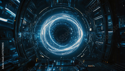 Futuristic space station with a black hole at its center. The black hole is surrounded by an accretion disk that glows brightly. photo
