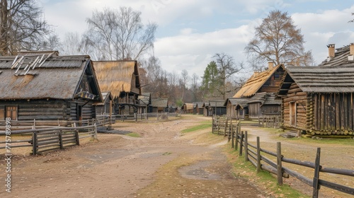 Outdoor photo of 1700 medieval village with log buildings