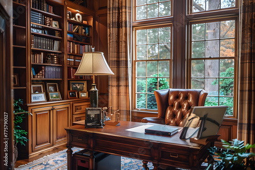 Elegant Home Office with Leather Chair, Wooden Desk, and Classic Bookshelves by Large Window
