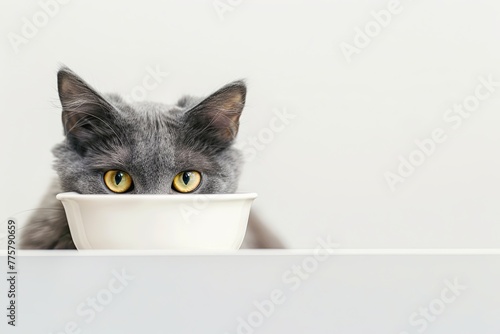 A gray cat peeks out from around the corner, looks at a bowl of food, on a white background, concept. place for text. generative AI
