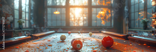 A game of pool with balls and cue on the table,
Billiards balls and cue stick on pool table Pool sport concept
 photo