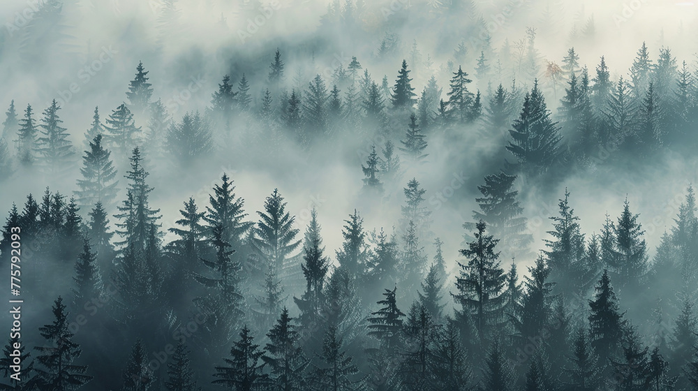 Thick morning fog in the mountains over coniferous trees