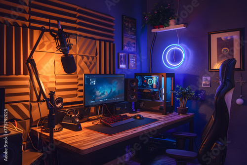 Modern Home Podcast Studio with Gaming Setup, Neon Lights, and Cozy Ambiance at Night