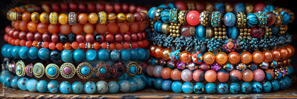 A variety of vibrant bracelets adorned with style,
A stack of colorful bracelets with a white background
