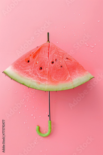 
umbrella made of watermelon isolated on pastel pink background, creative minimalist summer vacation concept photo