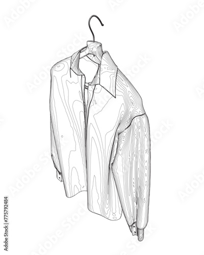 Contour shirt with button down collar isolated on white. Outline of a long sleeved shirt hanging on a hanger made of black lines isolated on a white background. Vector illustration.