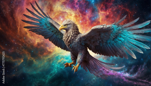 An eagle is flying in space.