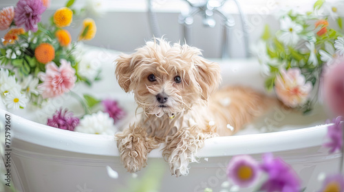 A delightful Maltipoo thoroughly enjoys a spa experience while immersed in a bath brimming with fragrant flowers