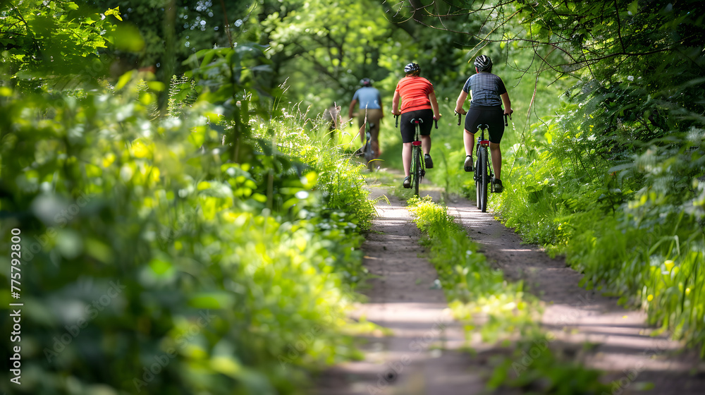 Fototapeta premium Cyclists enjoying leisure ride on lush green forest trail during summer day