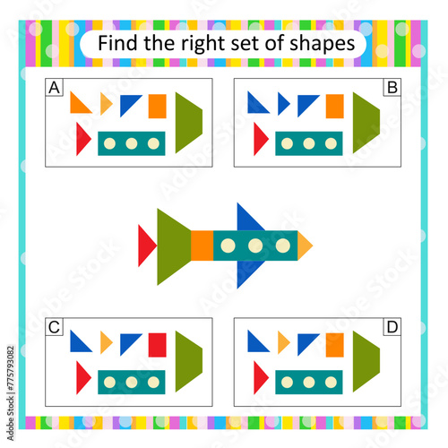Puzzle for kids. Find the correct set of cartoon rocket ship. Answer is D.