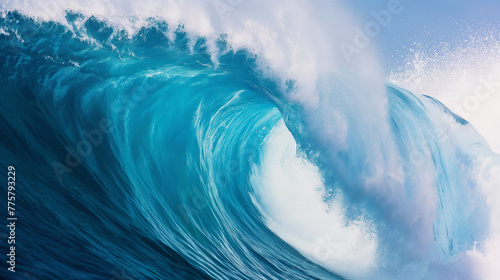 Summer concept. Breathtaking turquoise wave crashes on a perfect summer day at the sea. Beautiful glistening tube wave crashes in the middle of the breathtaking ocean. Powerful water rush. photo