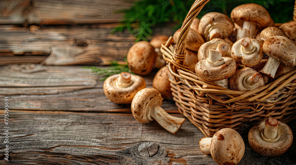 Fresh champignons in a basket on a wooden rustic background Fresh champignons in a basket on a wooden rustic background