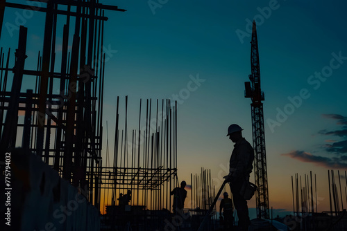 Silhouette of a construction worker and team working together on a building site at sunset with a warm sky background.