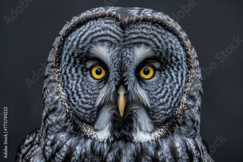 Great grey owl, front view, staring, isolated, endangered species, vertebrate