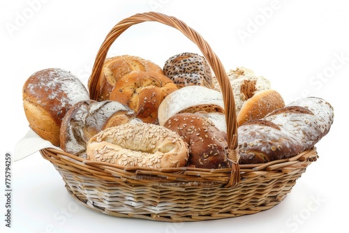baskets with breads and croissants in a wicker basket placed on a white background