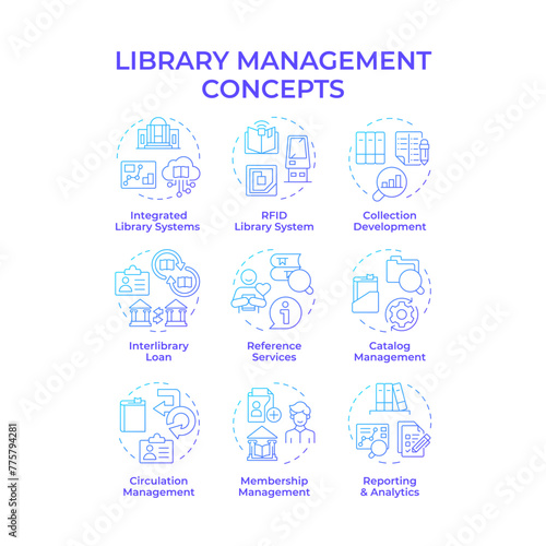 Library management blue gradient concept icons. RFID technology, book circulation. Customer service. Icon pack. Vector images. Round shape illustrations for article, blog post. Abstract idea