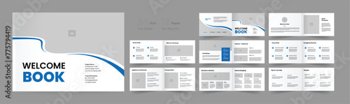 Landscape welcome book design and 16 pages welcome book brochure with blue color shapes