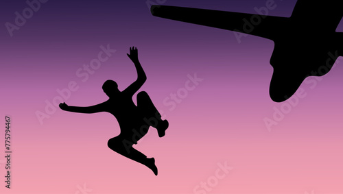 Skydiving, jumping from a plane, flat color illustration