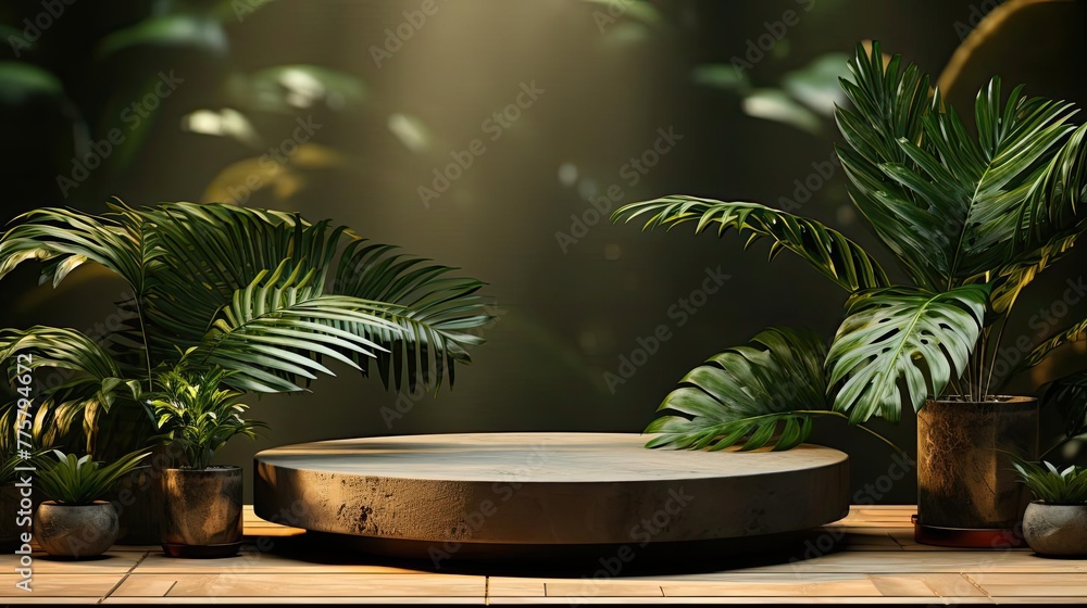 podium product stand or display with leaf, green background and cinematic light podium product stand or display with leaf, green background and cinematic light
