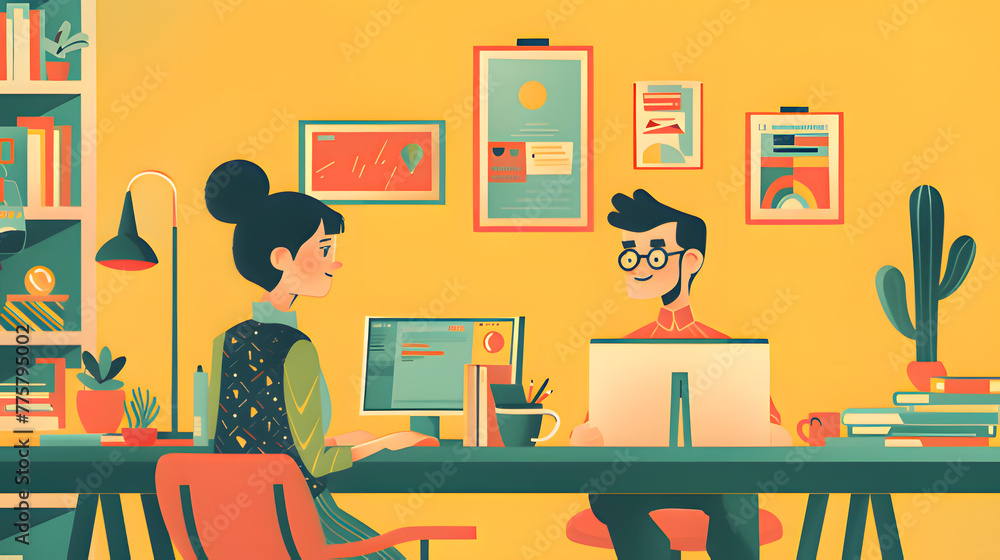 In the yellow wallpaper office, there are books and documents on the bookshelf, and men and women are working facing each other. Generative AI In the yellow wallpaper office, there are books and documents on the bookshelf, and men and women are working facing each other. Generative AI